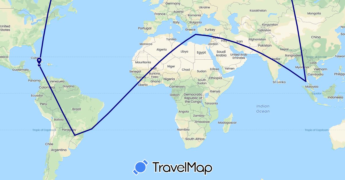 TravelMap itinerary: driving in Argentina, Brazil, Greece, Jamaica, Thailand (Asia, Europe, North America, South America)